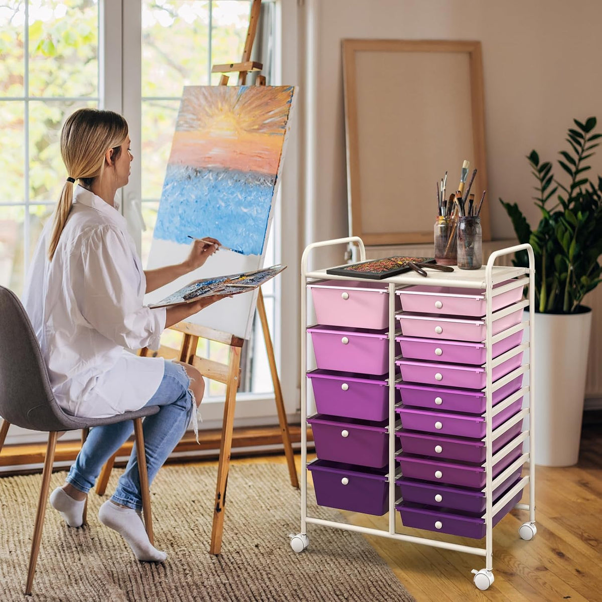 GOFLAME 15-Drawer Rolling Storage Cart, Multipurpose Movable Organizer Cart, Utility Cart for Home