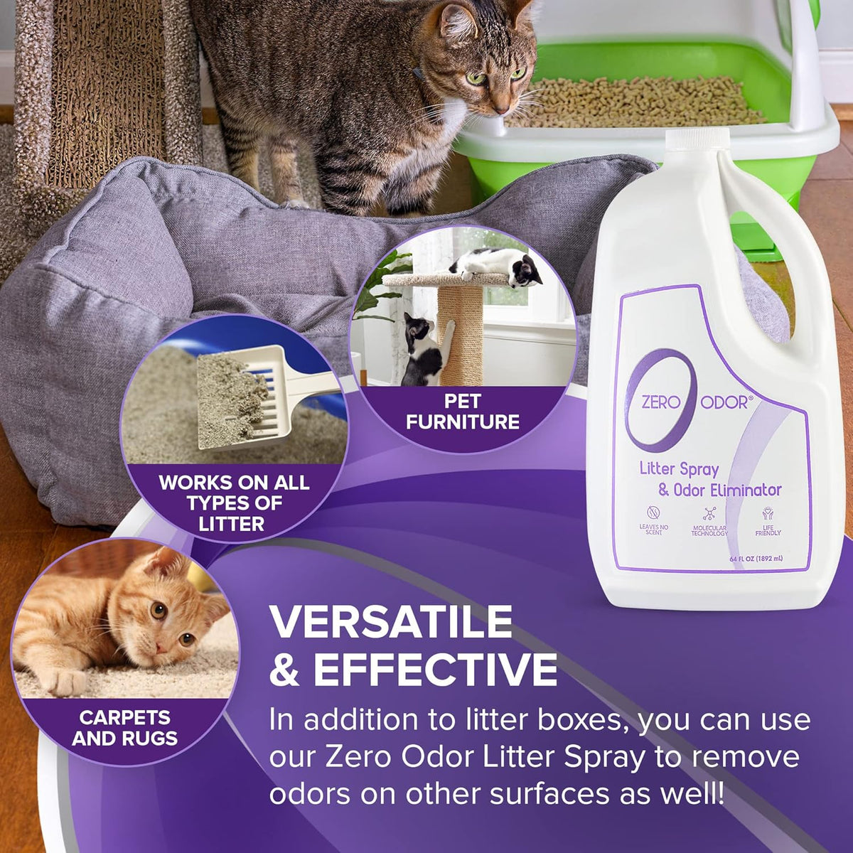 Zero Odor – Litter Odor Eliminator - Patented Molecular Technology - Pet Safe & Works on all types