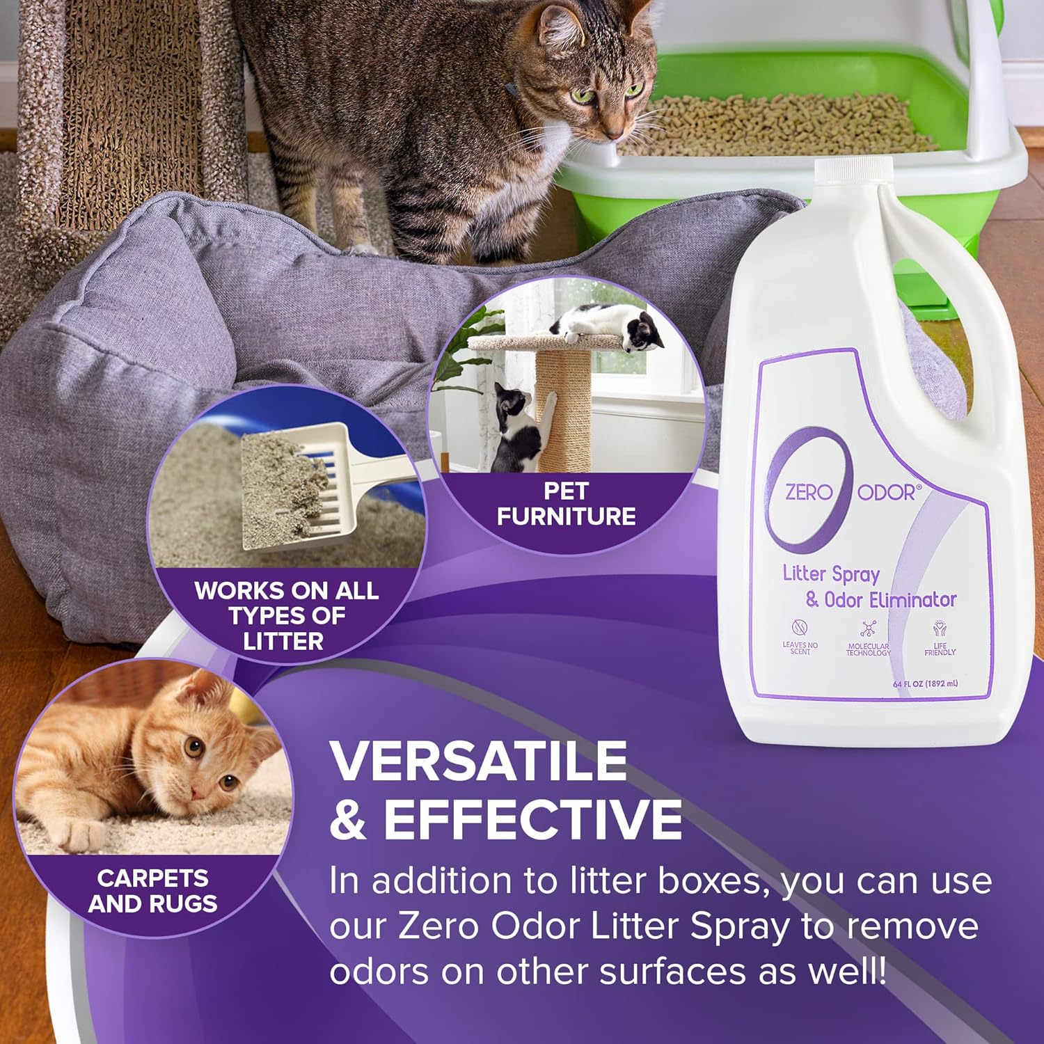 Zero Odor – Litter Odor Eliminator - Patented Molecular Technology - Pet Safe & Works on all types
