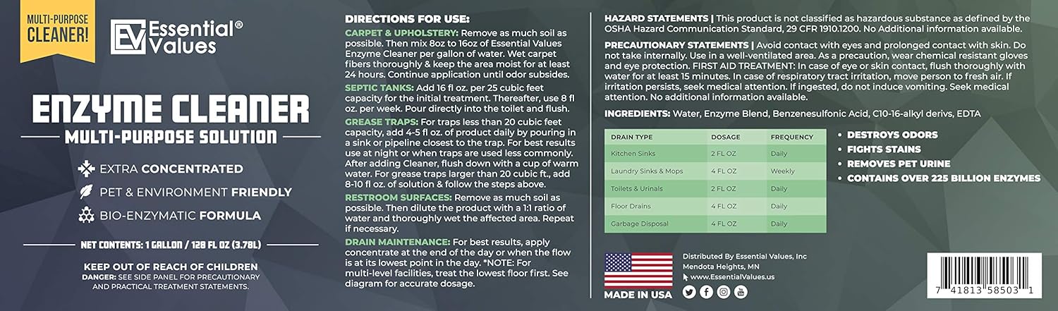 Enzyme Cleaner (1 Gallon / 128 Fl OZ), Drain Cleaner, Made in USA – Multi-Purpose Solution- Stop