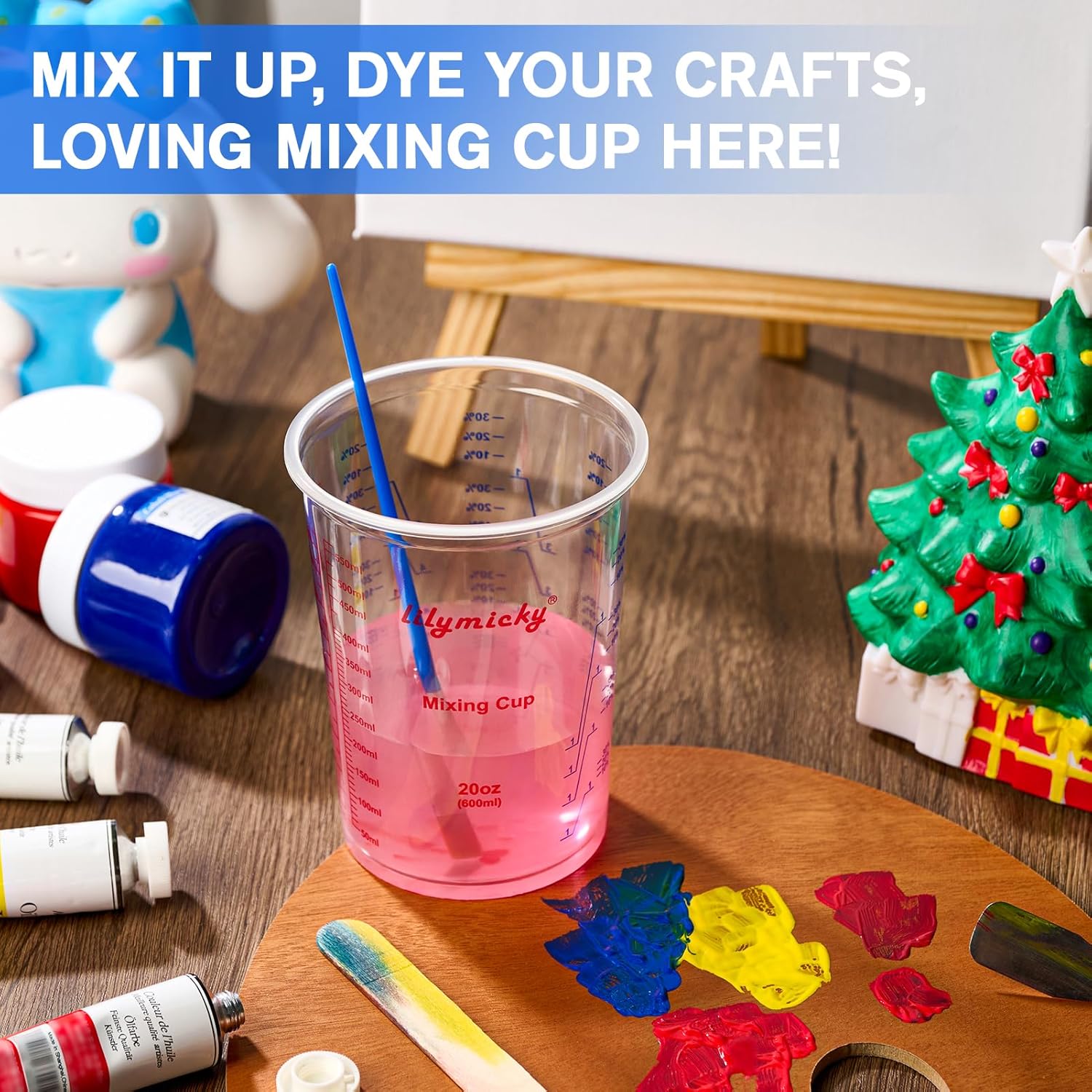 50 Pack Plastic Mixing Cups, 20 oz (600ml), Disposable Measuring Cups with 50 Wooden Mixing Sticks
