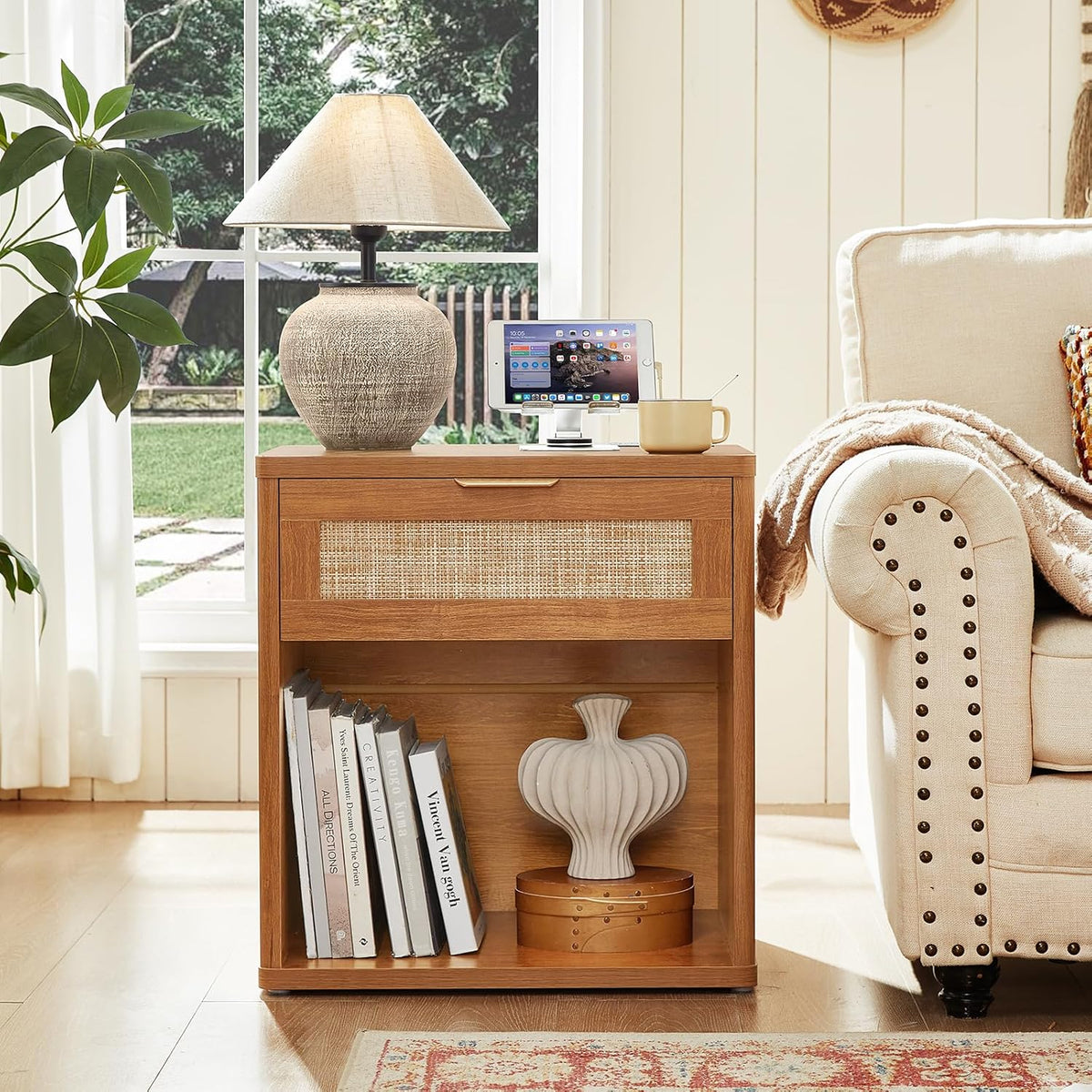 LEYAOYAO Rattan Nightstand with Charging Station, 23" Wide Boho Night Stand with Drawer, Natural