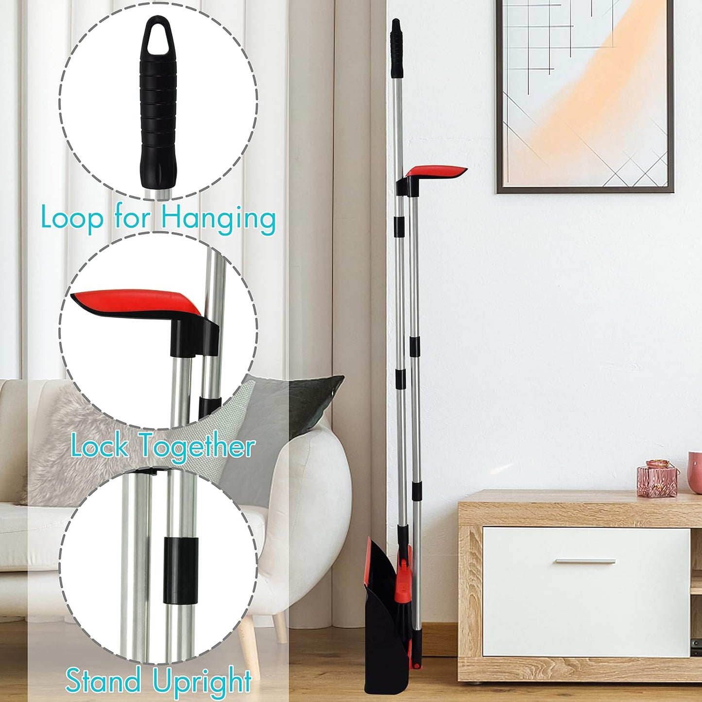 PHYEX 2-Pack Broom and Dustpan Combo Set, with 48" Adjustable Long Stainless Handles, Stand Up