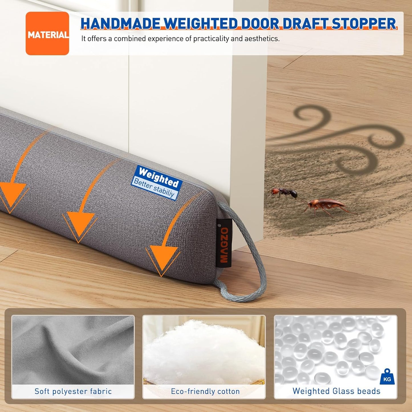 MAGZO Door Draft Stopper, 48 Inch Under Door Draft Blocker Noise Stopper, Weighted Wind Blocker