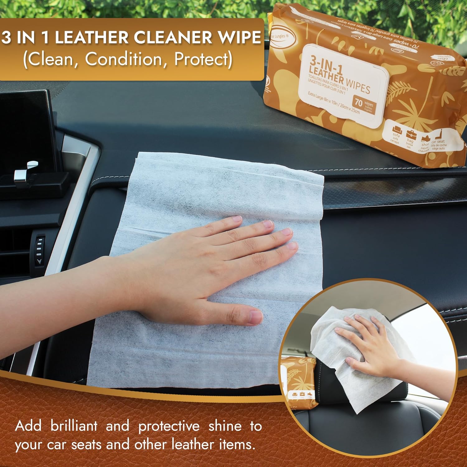 Air Jungles 3in1 Leather Wipes 140 Count, Extra Large 8" x 10" Size, Clean Condition Protect Wipes