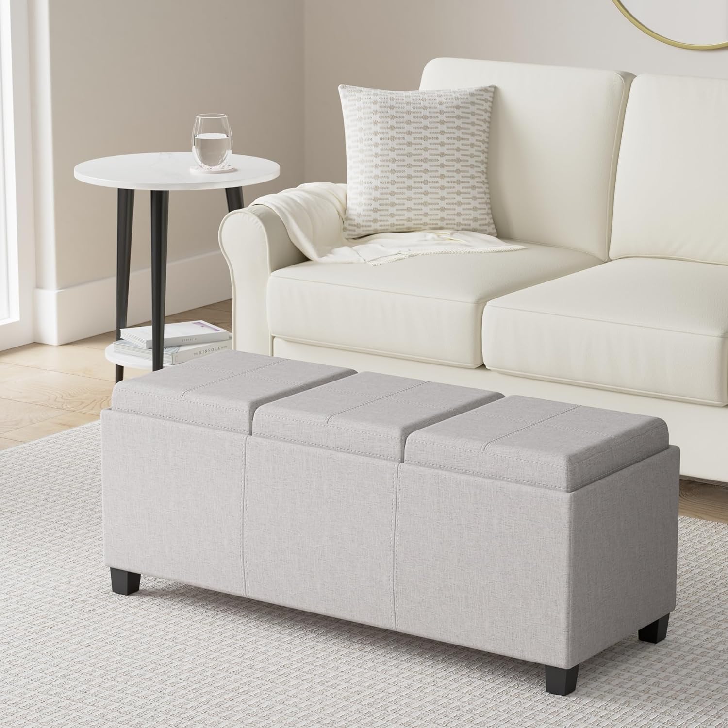 SIMPLIHOME Avalon 42 inch Wide Contemporary Rectangle Storage Ottoman in Cloud Grey Linen Look