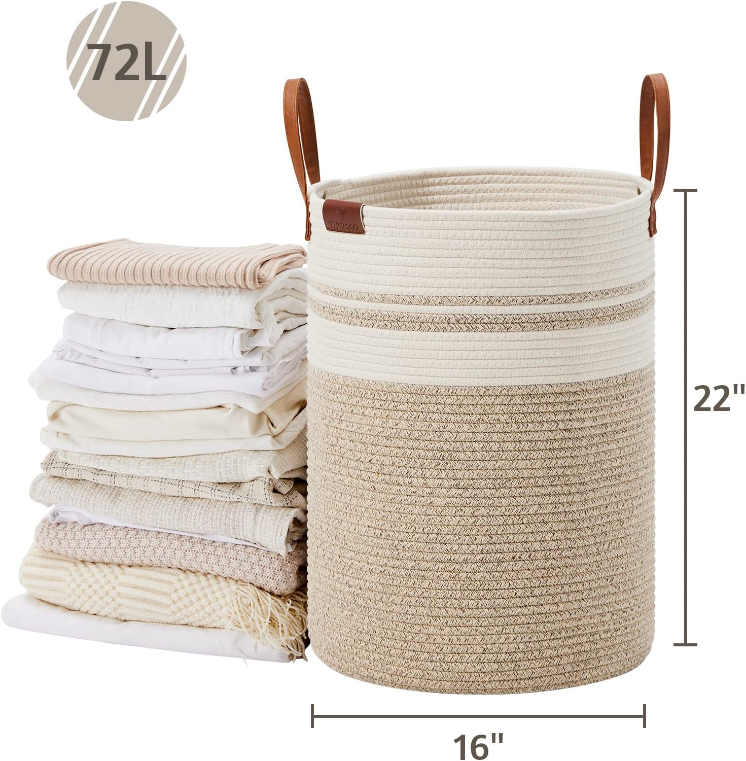 VIPOSCO Tall Laundry Basket, Large Dirty Clothes Hamper with Leather Handle, Woven Rope Storage