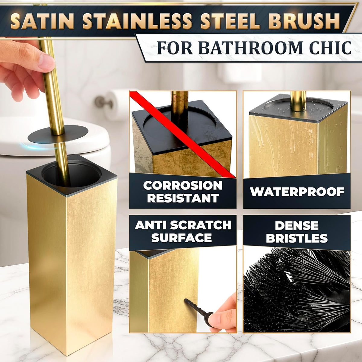 Stainless Steel Toilet Brush and Holder Set Gold & Square Design - Corrosion and Scratch-Resistant