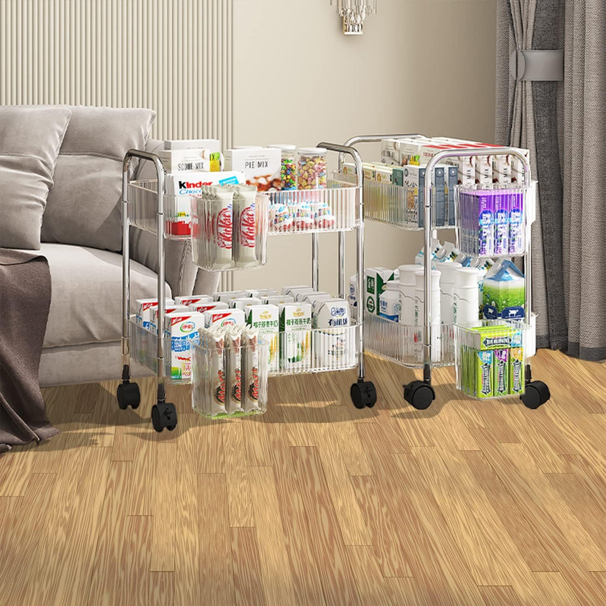 2-Tier Utility Rolling Cart Storage Organizer Sofa Side Table with Wheels, Under Desk Mobile
