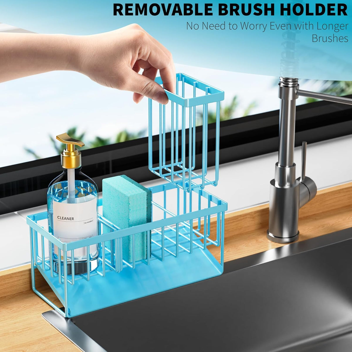 Cisily Blue Kitchen Sink Caddy Organzier with High Brush Holder, Sponge Holder for Sink, 304