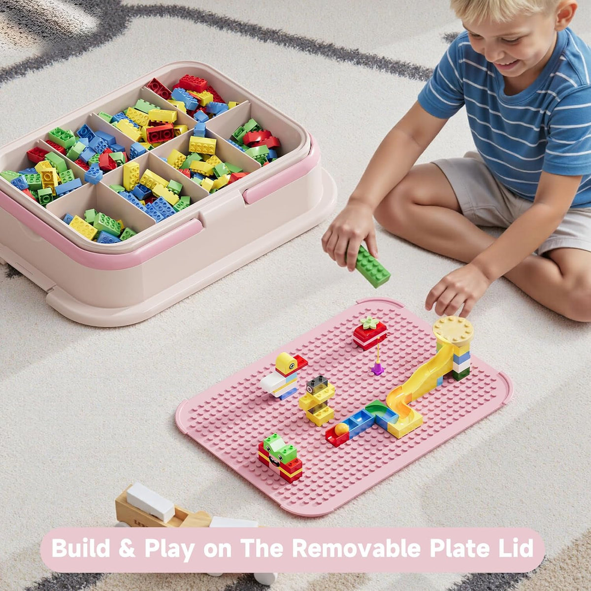 Toy Storage Organizer Box with Handle, Stackable Building Block Toy Box with Building Plate Lid &