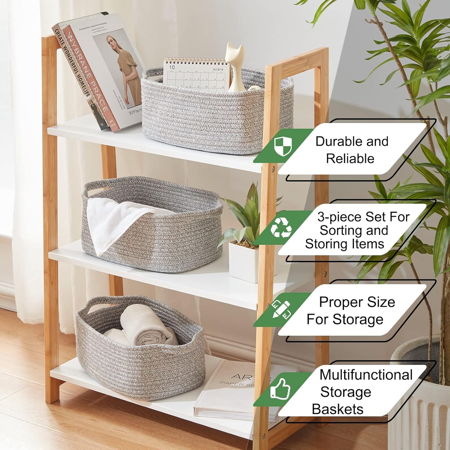 OIAHOMY Cotton Rope Baskets, Woven Baskets for Storage, Nursery Storage Baskets, Rectangle Storage