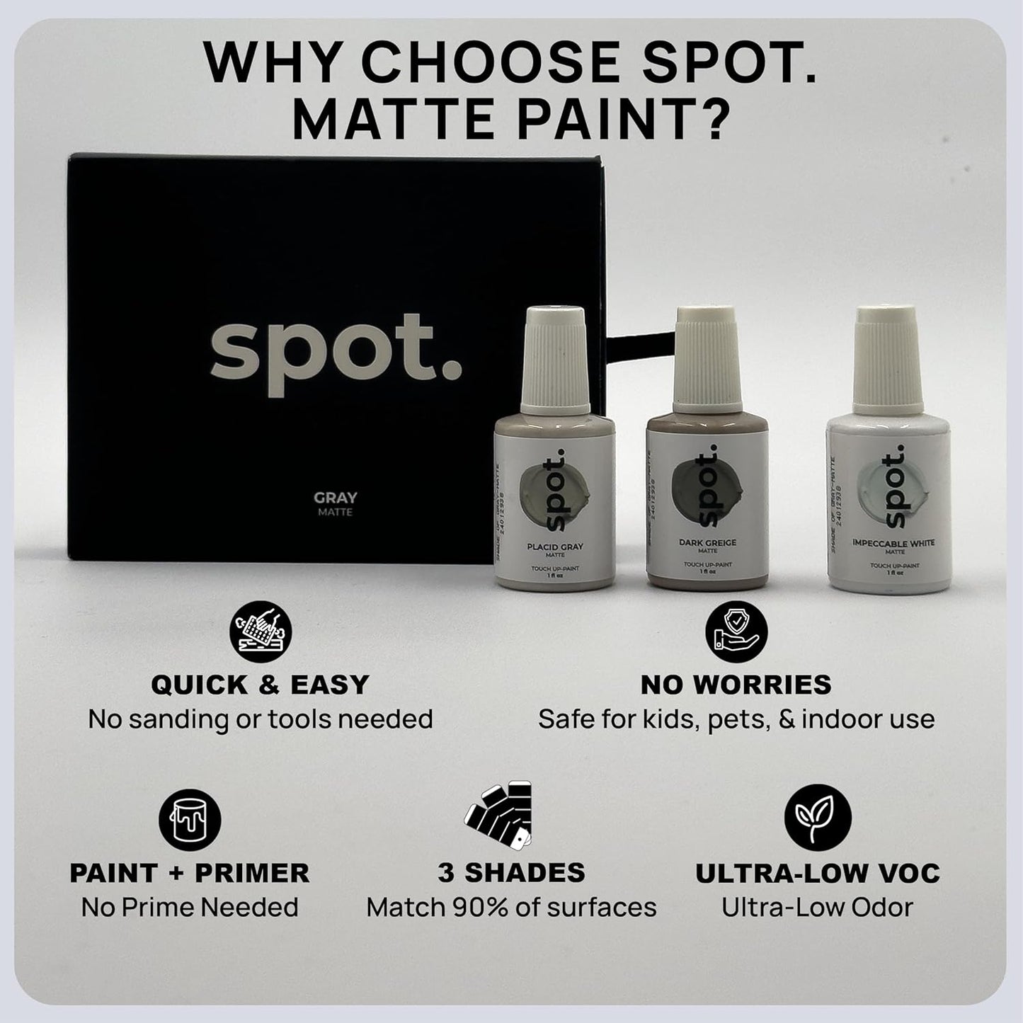 spot. Touch-Up Paint | Matte Finish for Cabinets, Walls, Doors & Furniture | Multi-Tone Gray Repair