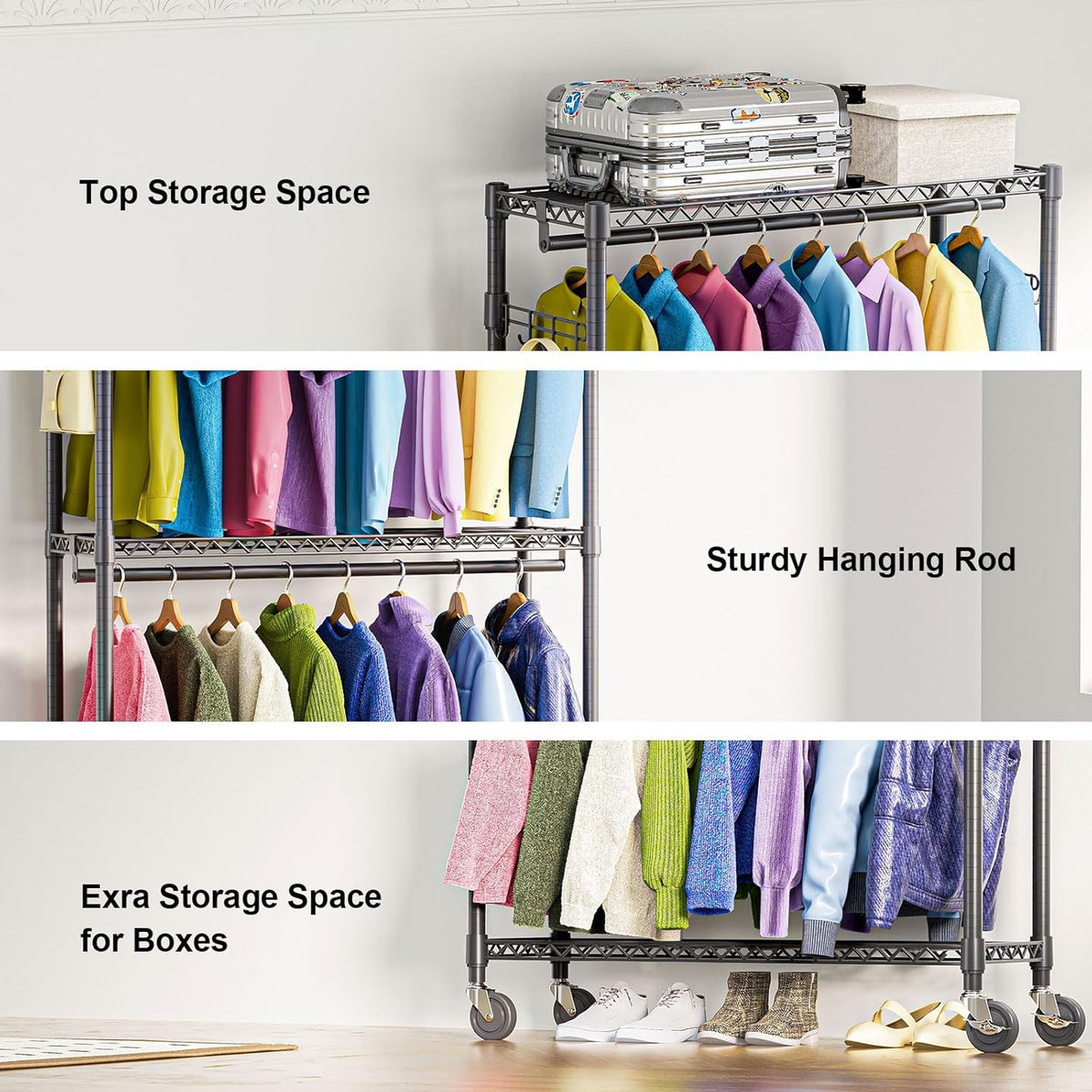 Heavy Duty Rolling Garment Rack 3 Tiers Adjustable Wire Shelving Clothes Rack with 2 Rods and Side