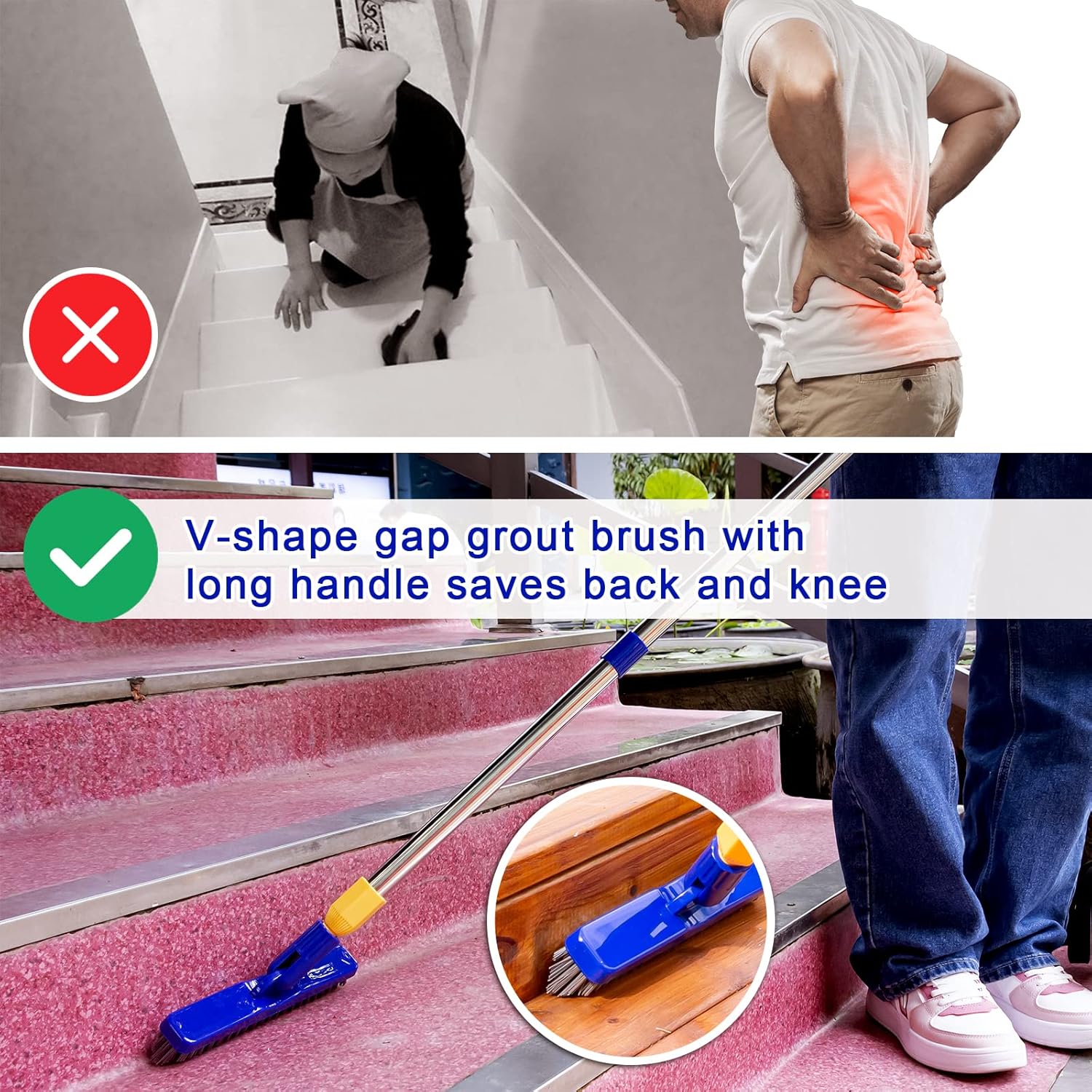 ITTAR Grout & Scrub Brush Combo, Floor Scrubber with Long Handle, Multi-Purpose Stiff Bristles