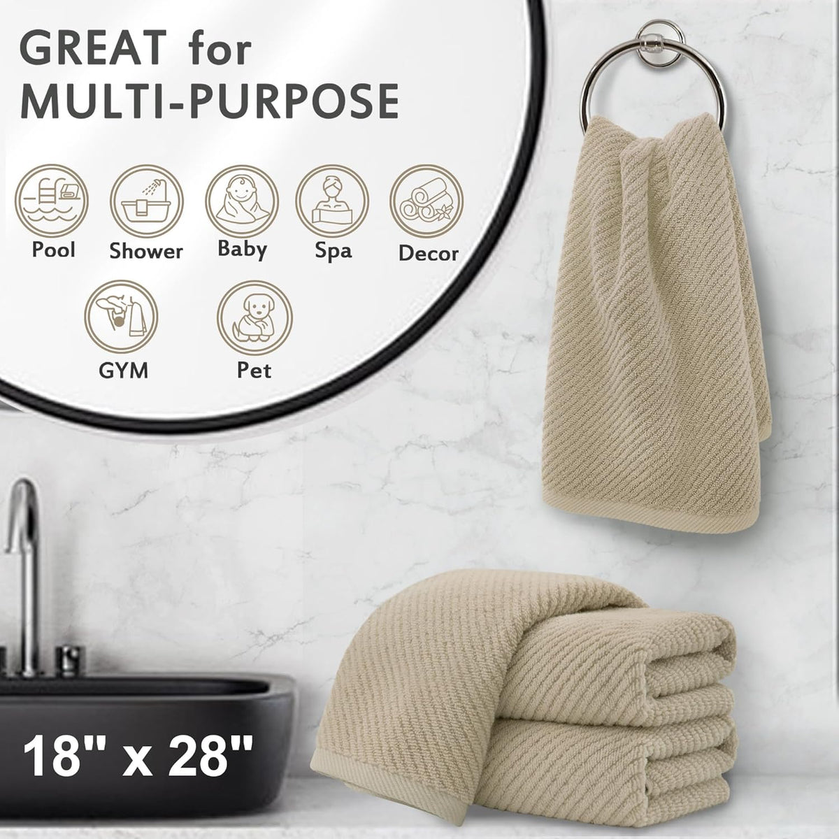 Beige Hand Towels, Hand Towels for Bathroom Set of 4, Large 18"x 28" - 100% Cotton | Lightweight |