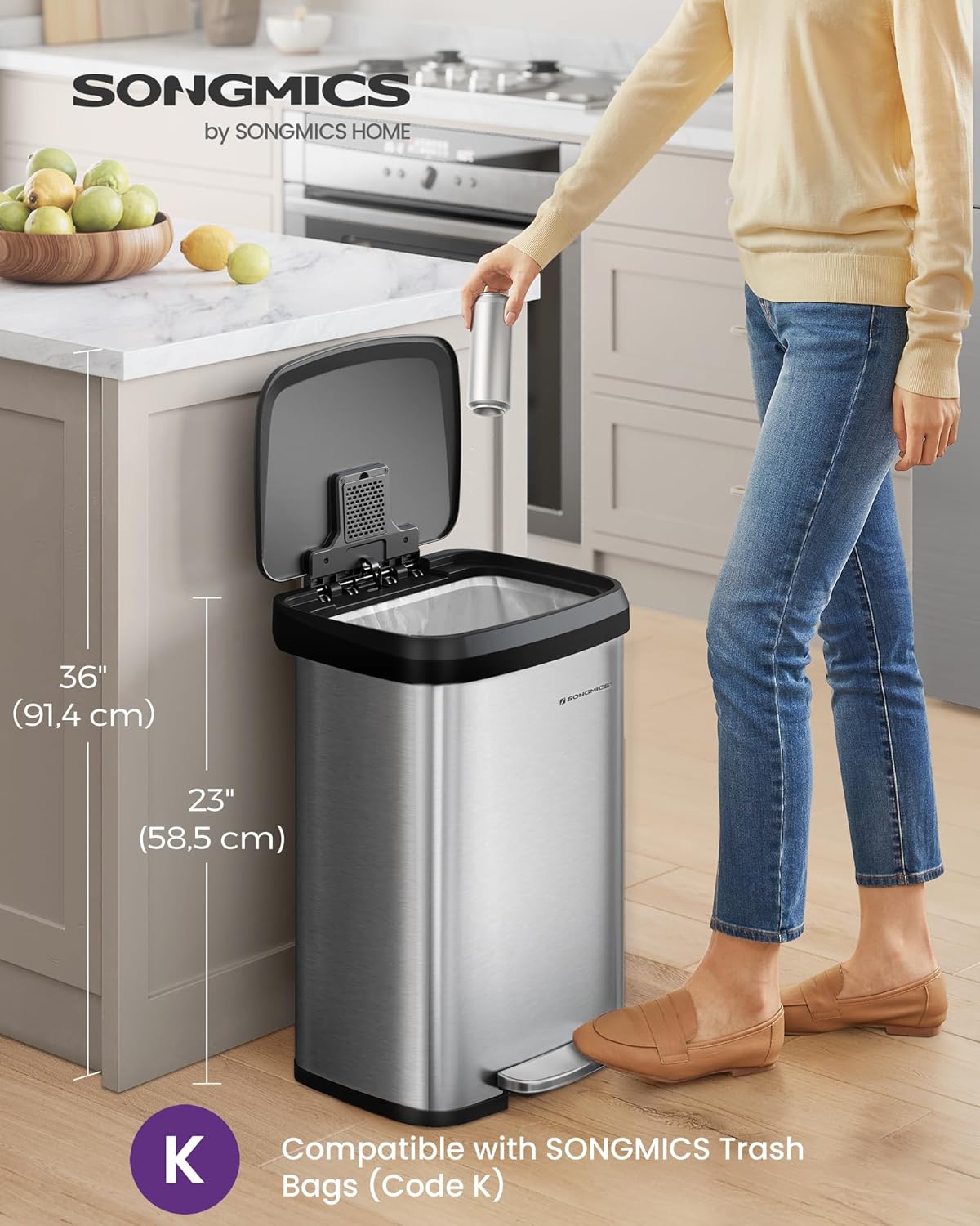 SONGMICS Kitchen Trash Can, 13 Gallon (50 L) Stainless Steel Garbage Can, with Stay-Open Lid and