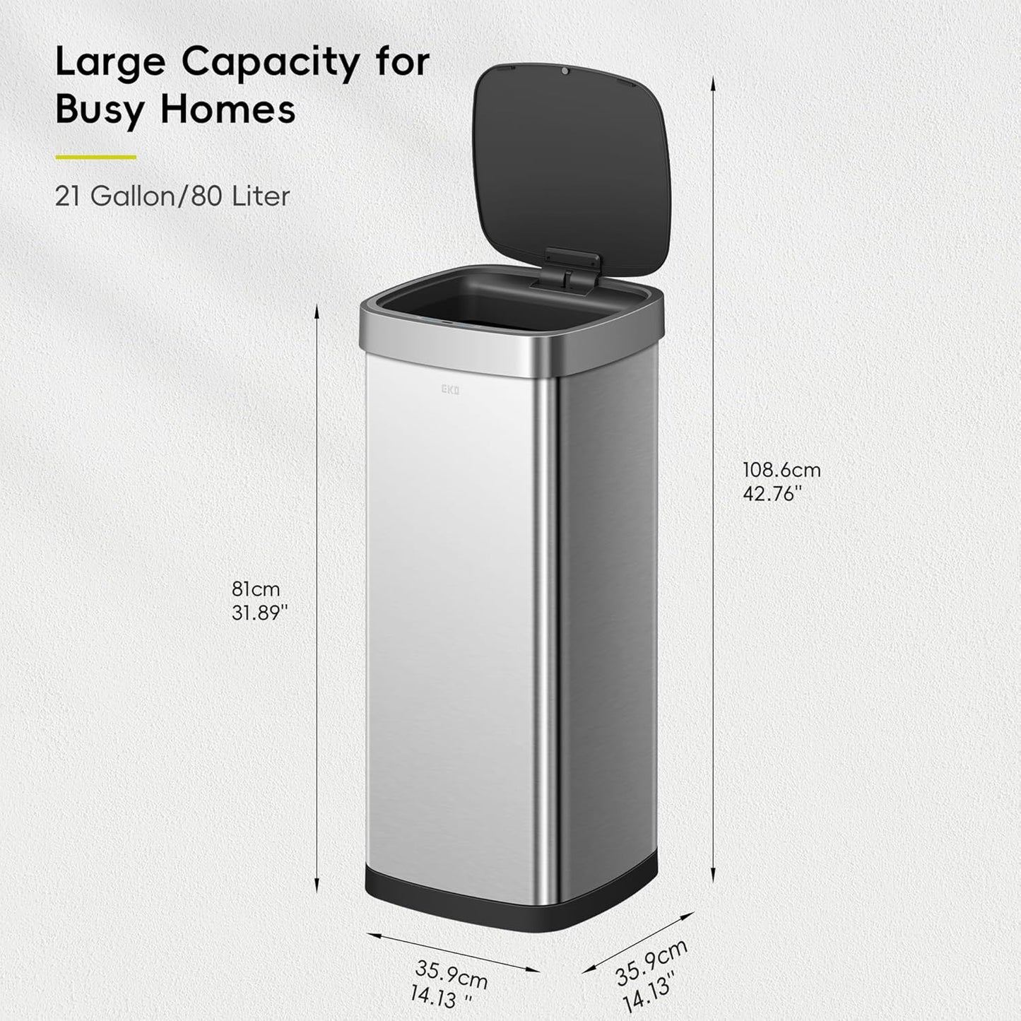 EKO EcoSmart Tall and Large Kitchen Trash Can, 80L/21.1G High Capacity, Touchless Soft Square