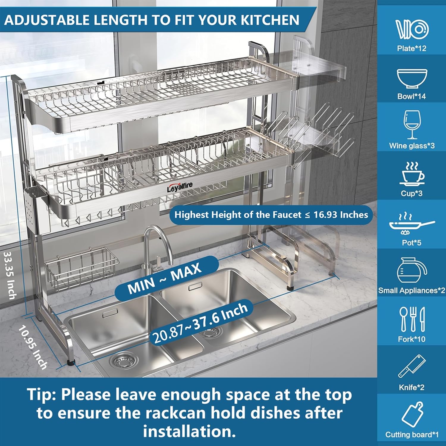 Over Sink Dish Drying Rack, 3 Tier Adjustable Length (20.87'' to 37.6'') Full Stainless Steel Large