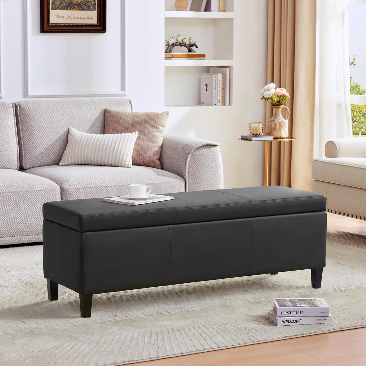 HUIMO Faux Leather Storage Ottoman Bench 50.3 Inch Extra Long PU Upholstered Bedroom Bench with