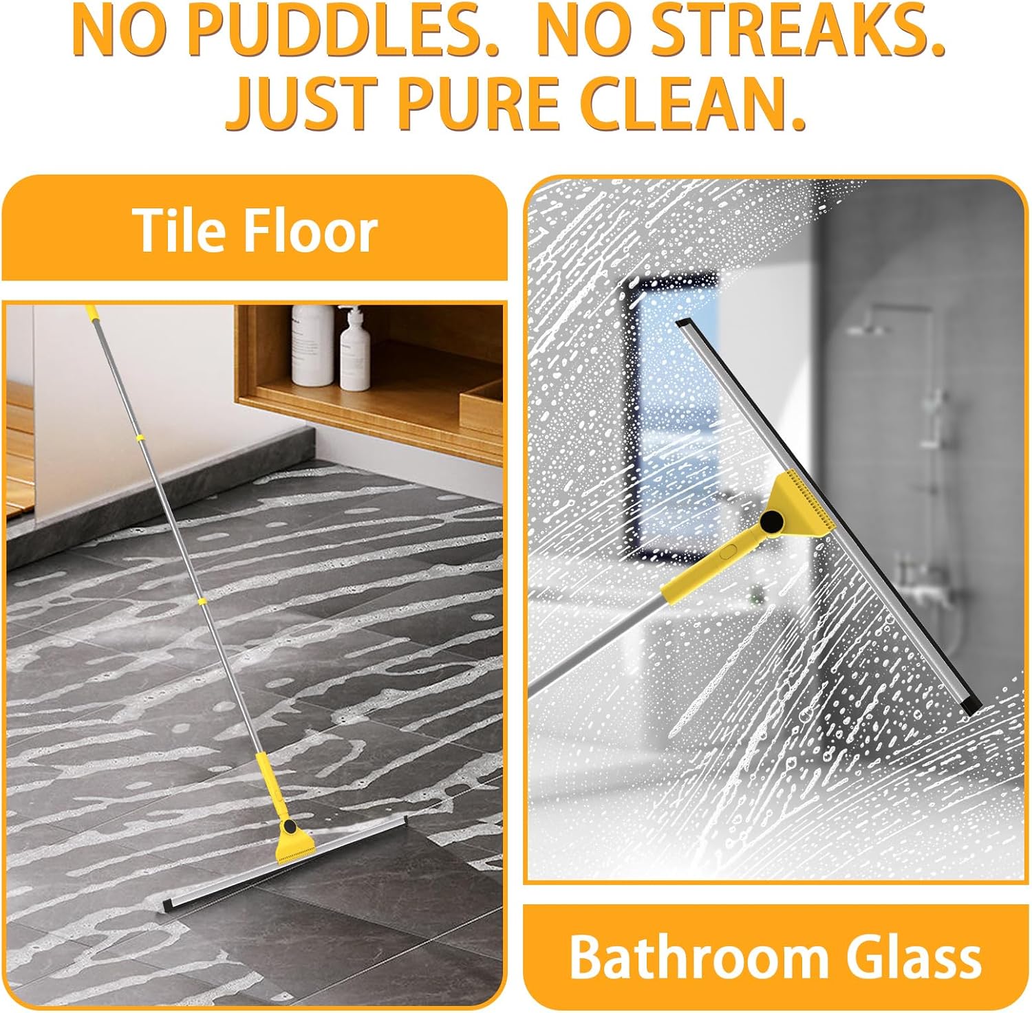 Multi-Purpose V-Shaped Grout Brush with 16.9" Floor Squeegee Set, Long Handle Floor Scrub Brush for