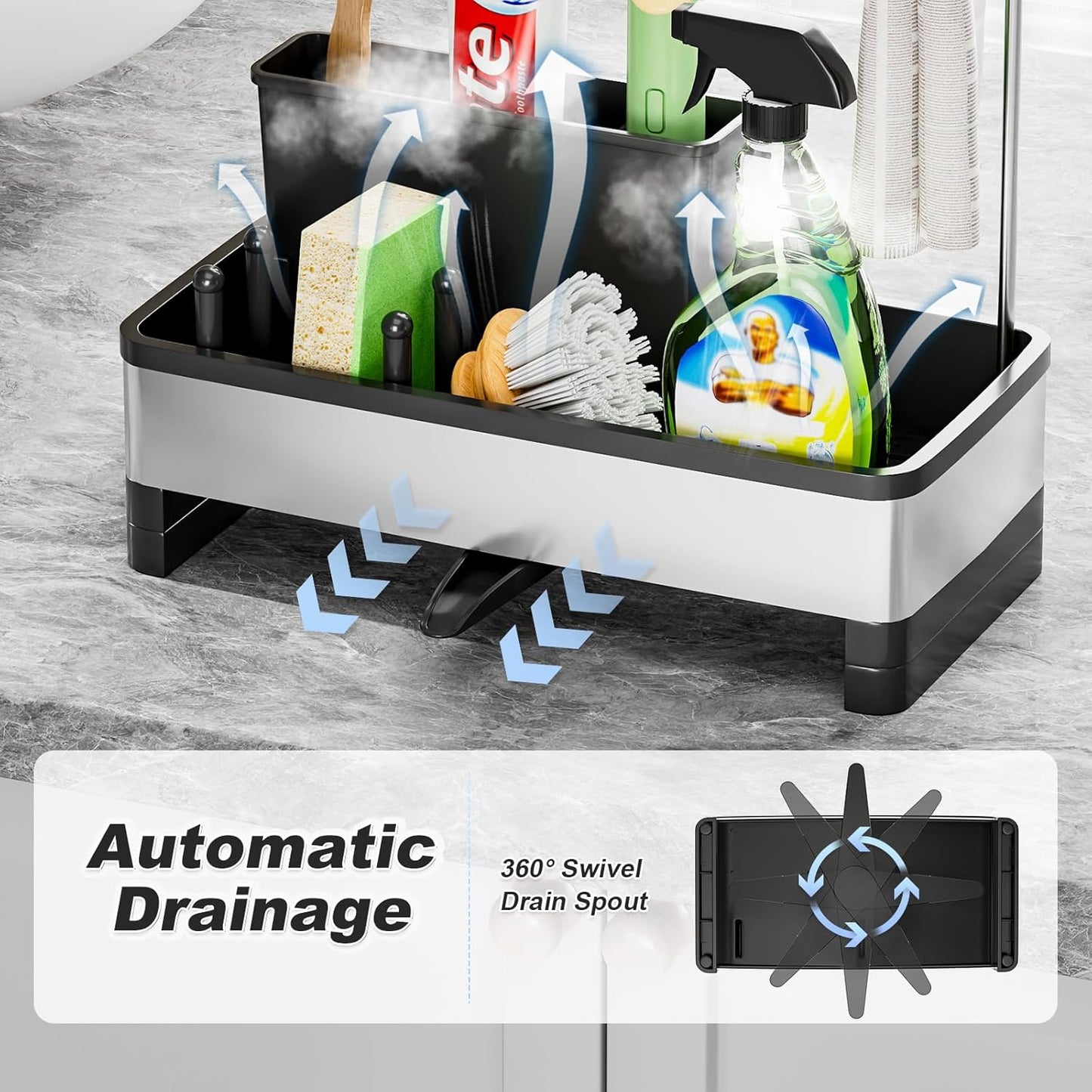 Stainless Steel Sink Caddy, Sponge Holder for Kitchen Sink with Brush Holder & Dishcloth Rack