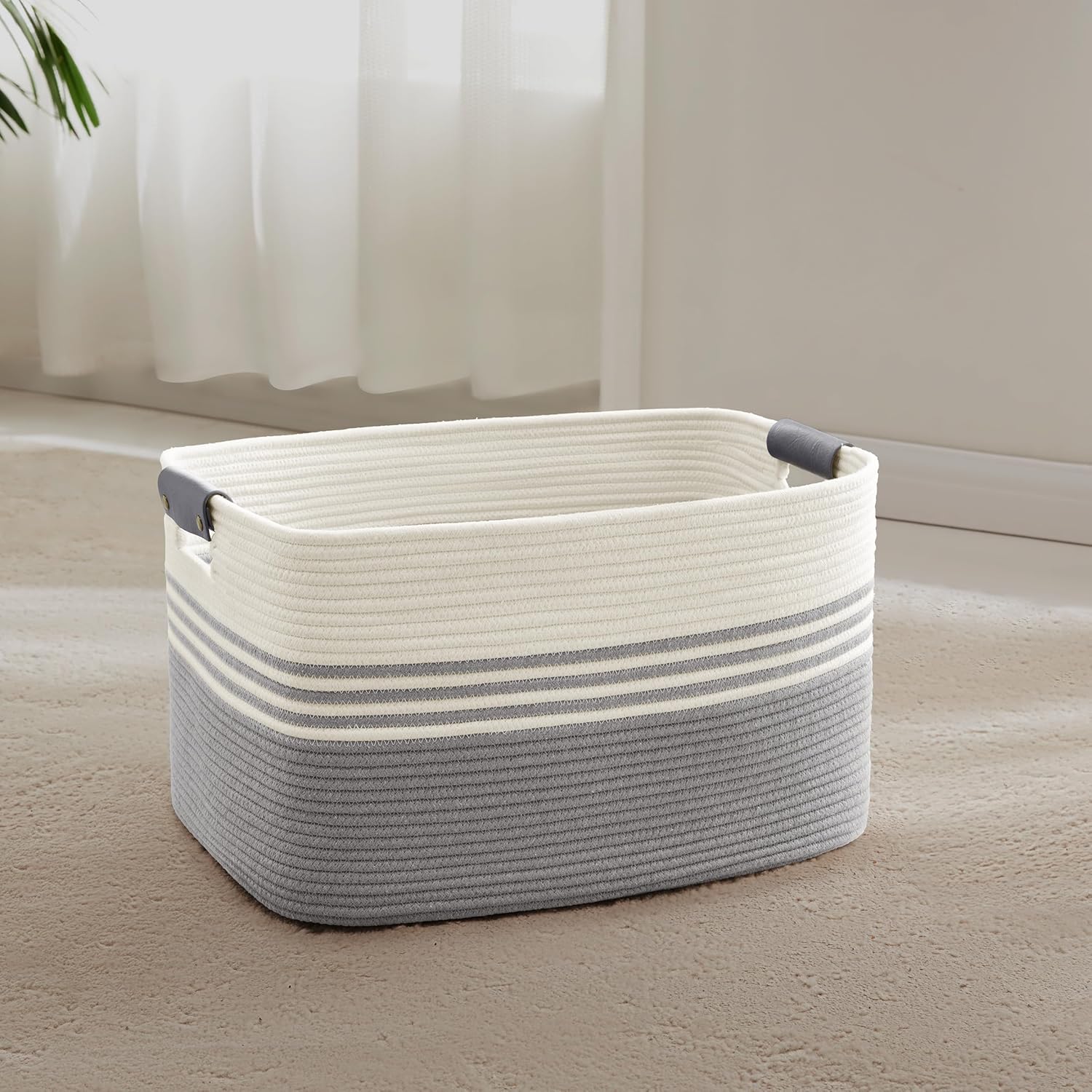 45L Small Laundry Basket with Leather Handles for Living Room Storage, Woven Rope Baskets Bin for
