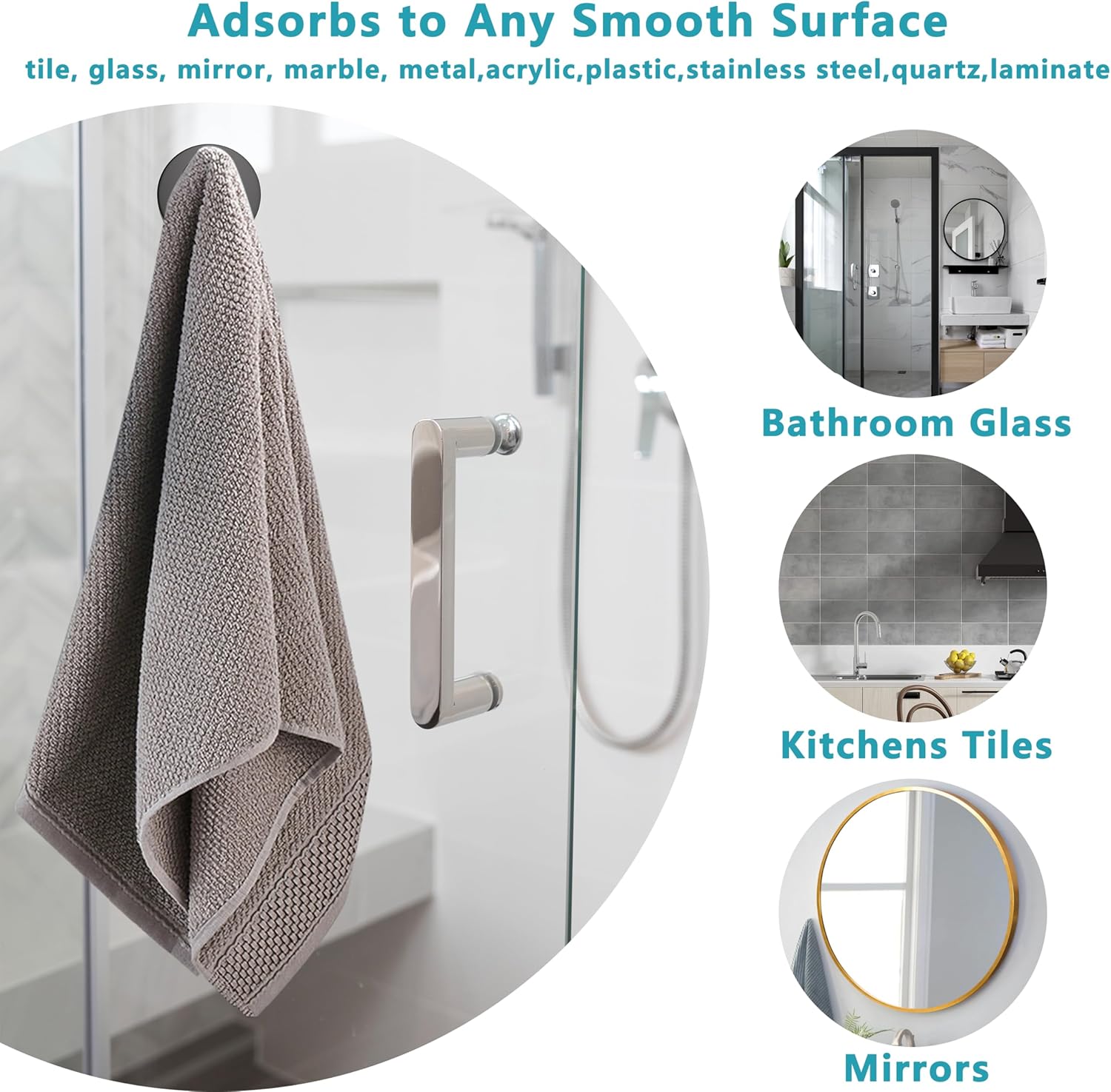 Suction Cup Hooks for Shower,Removable No Drill Towel Hooks,Upgraded 15 lbs Strong Suction hooks