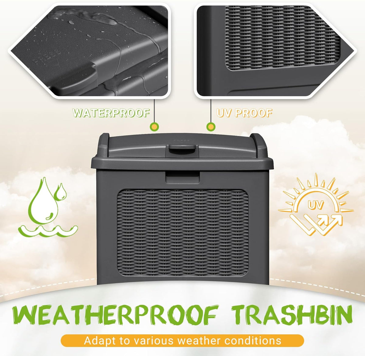 YESHOMY 33 Gallon Resin Outdoor Trash Can with Lid, Hideaway Waterproof Patio Garbage Bin, Gray