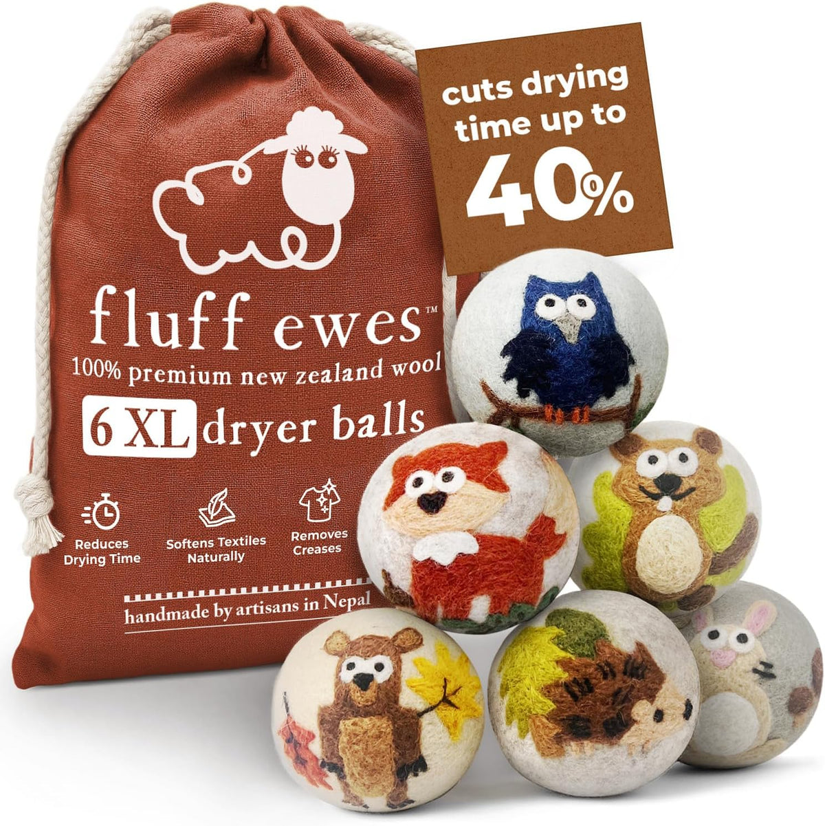 Fluff Ewes Wool Dryer Balls 6 Pack Premium New Zealand Wool Laundry Balls for Dryer, No Static