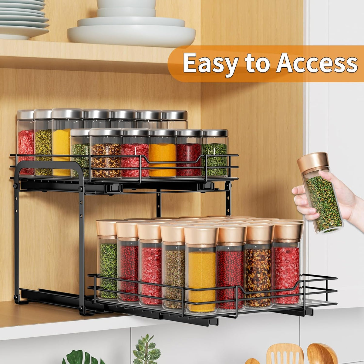 RCHYFEED Spice Organization for Cabinet,2 Tier Pull out Spice Rack Organizer for Inside Cabinets &