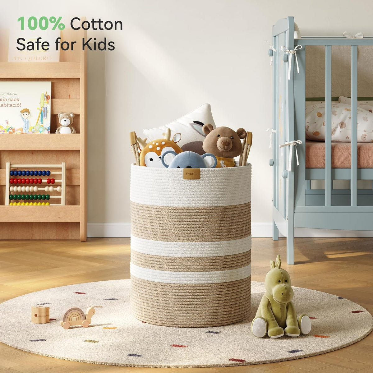 62L Striped Laundry Hamper with Leather Handles,Large Foldable Laundry Basket for Clothes,Cotton