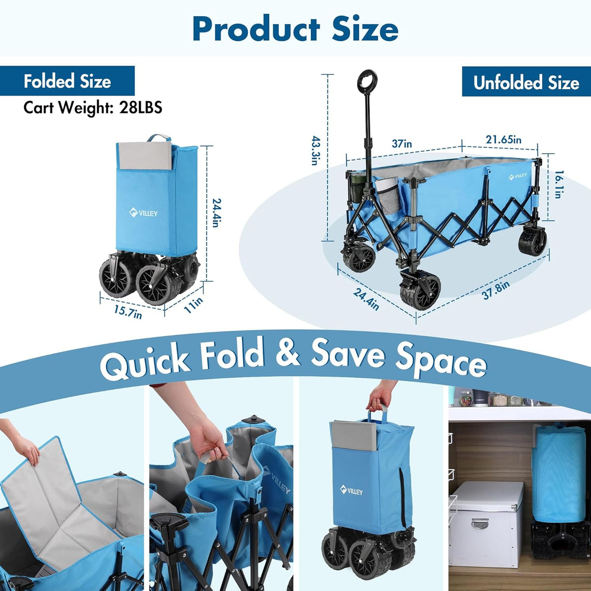 VILLEY Extended Collapsible Foldable Wagon with 330LBS Weight Capacity, 220L Heavy Duty Folding