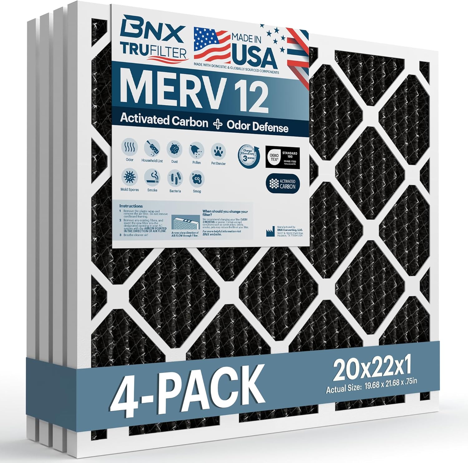 BNX TruFilter 20x22x1 MERV 12 Odor Defense (4-Pack) AC Furnace Air Filter with Activated Carbon