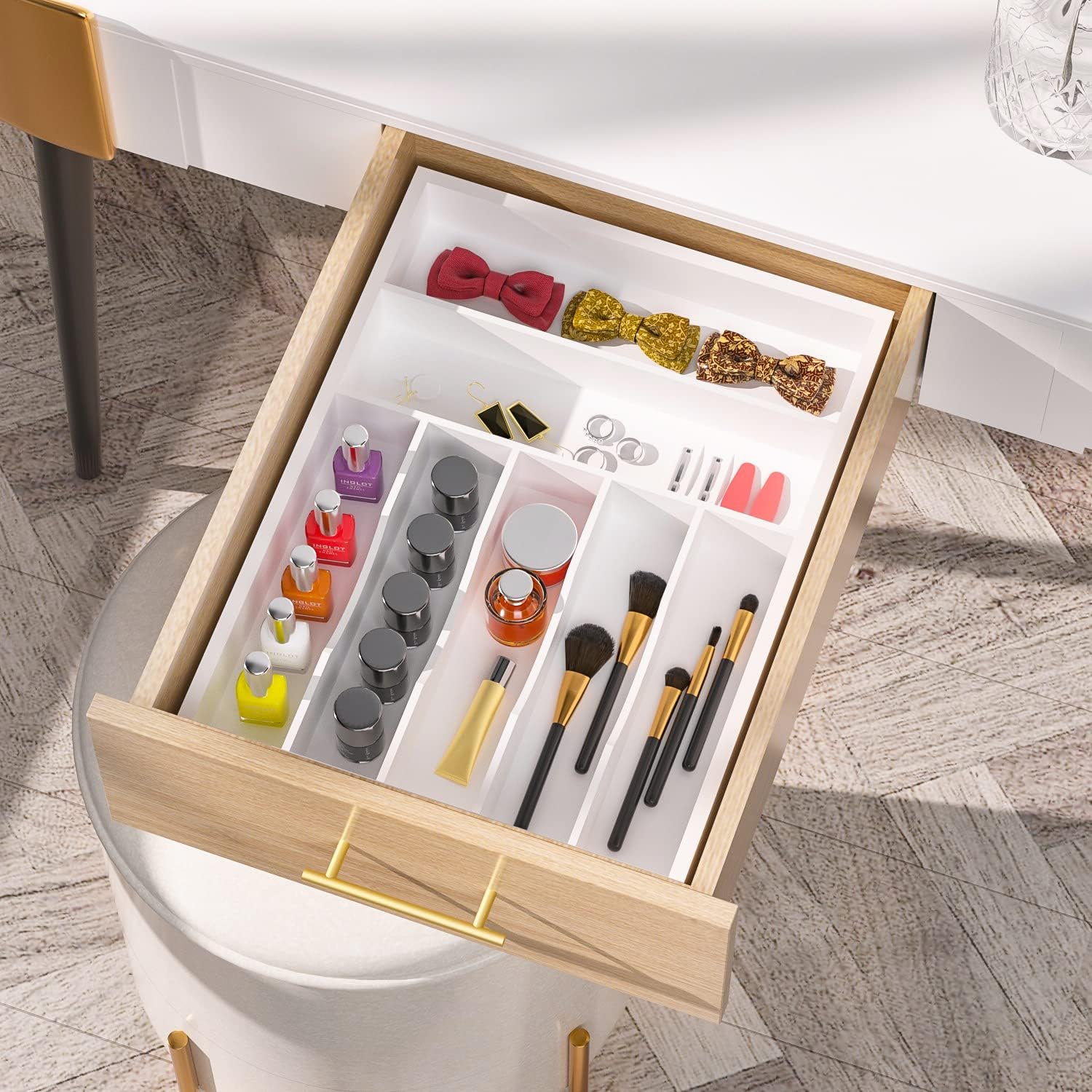 Utensil Organizer Silverware Drawer Organizer - 7 Slots Bamboo Cutlery Organizer Multi-Purpose