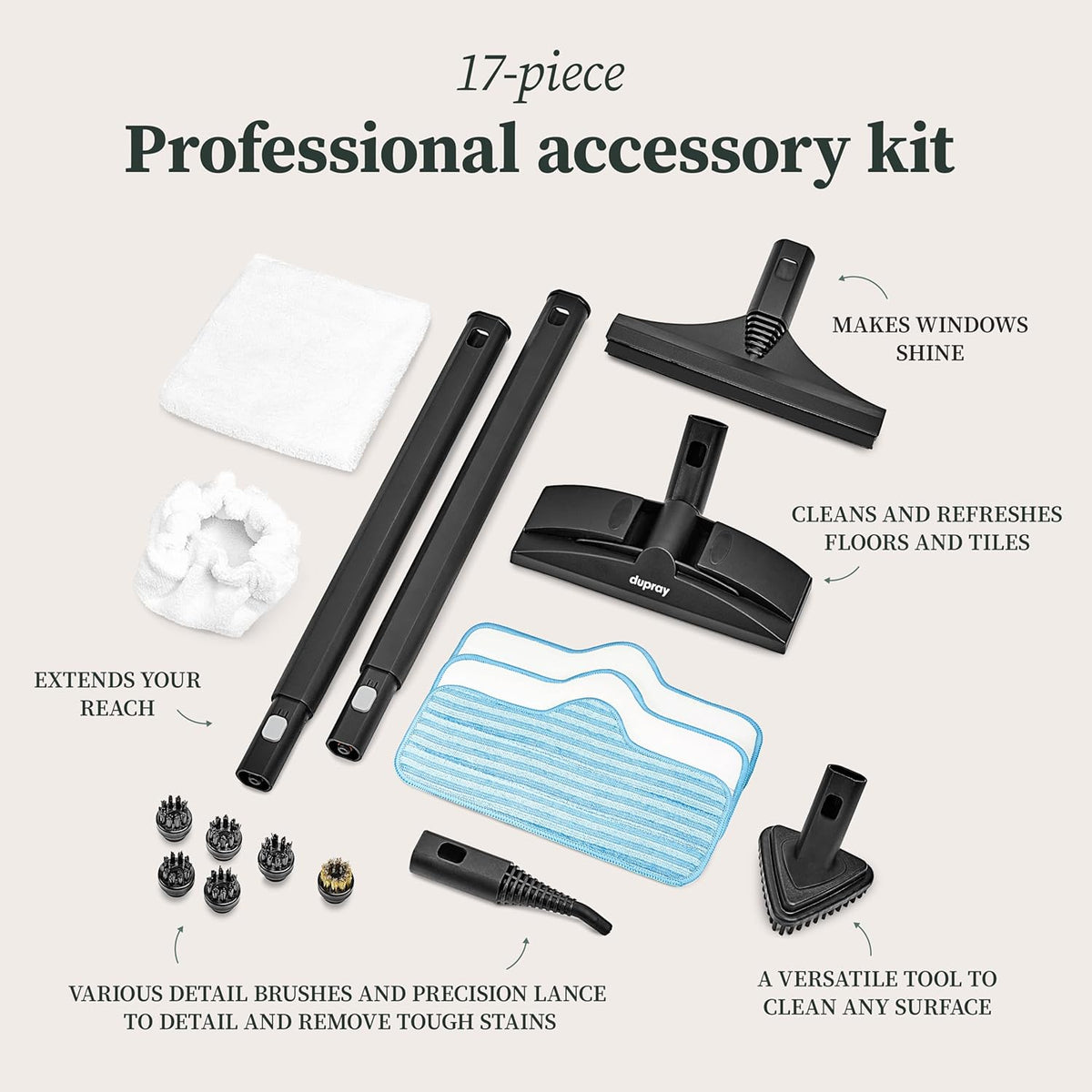 Dupray Neat Steam Cleaner with 17-Piece Kit – Powerful, chemical-free cleaning for floors, cars