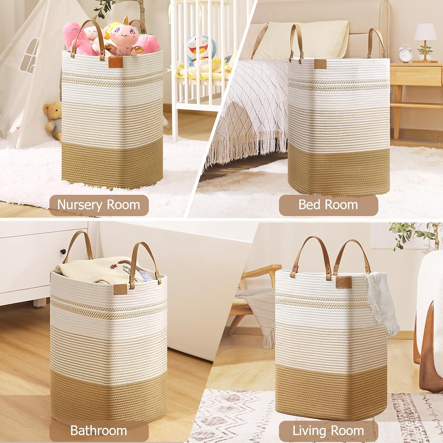 danpinera 100L Nursery Hamper, Tall Woven Laundry Basket with Long Leather Handles, Boho Laundry