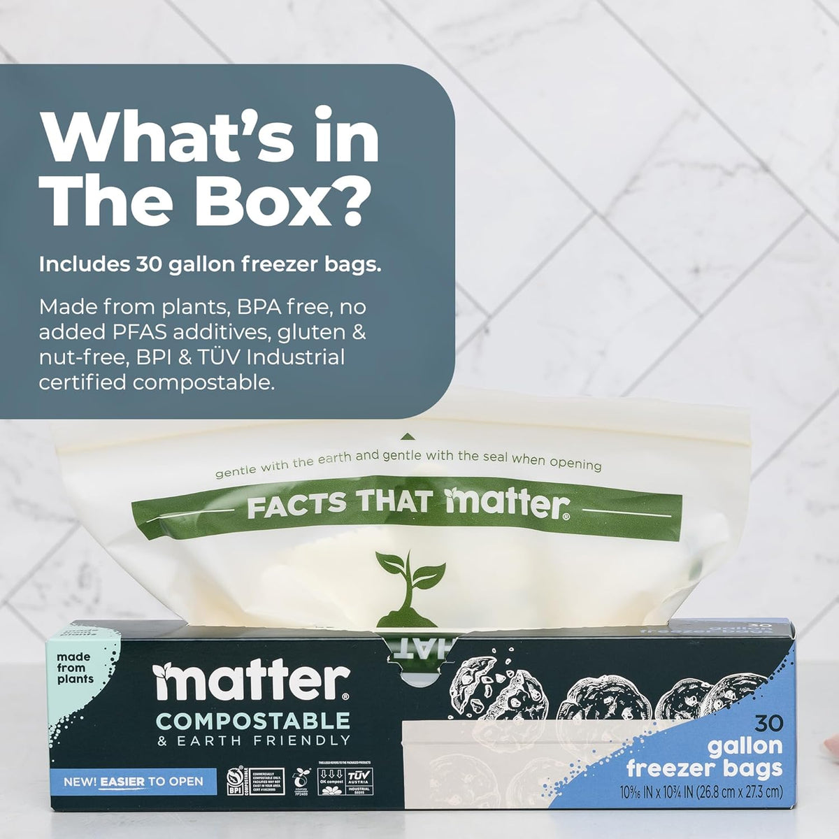 Matter Compostable Gallon Freezer Bags for Food Storage, Eco-Friendly, Resealable, Food Storage