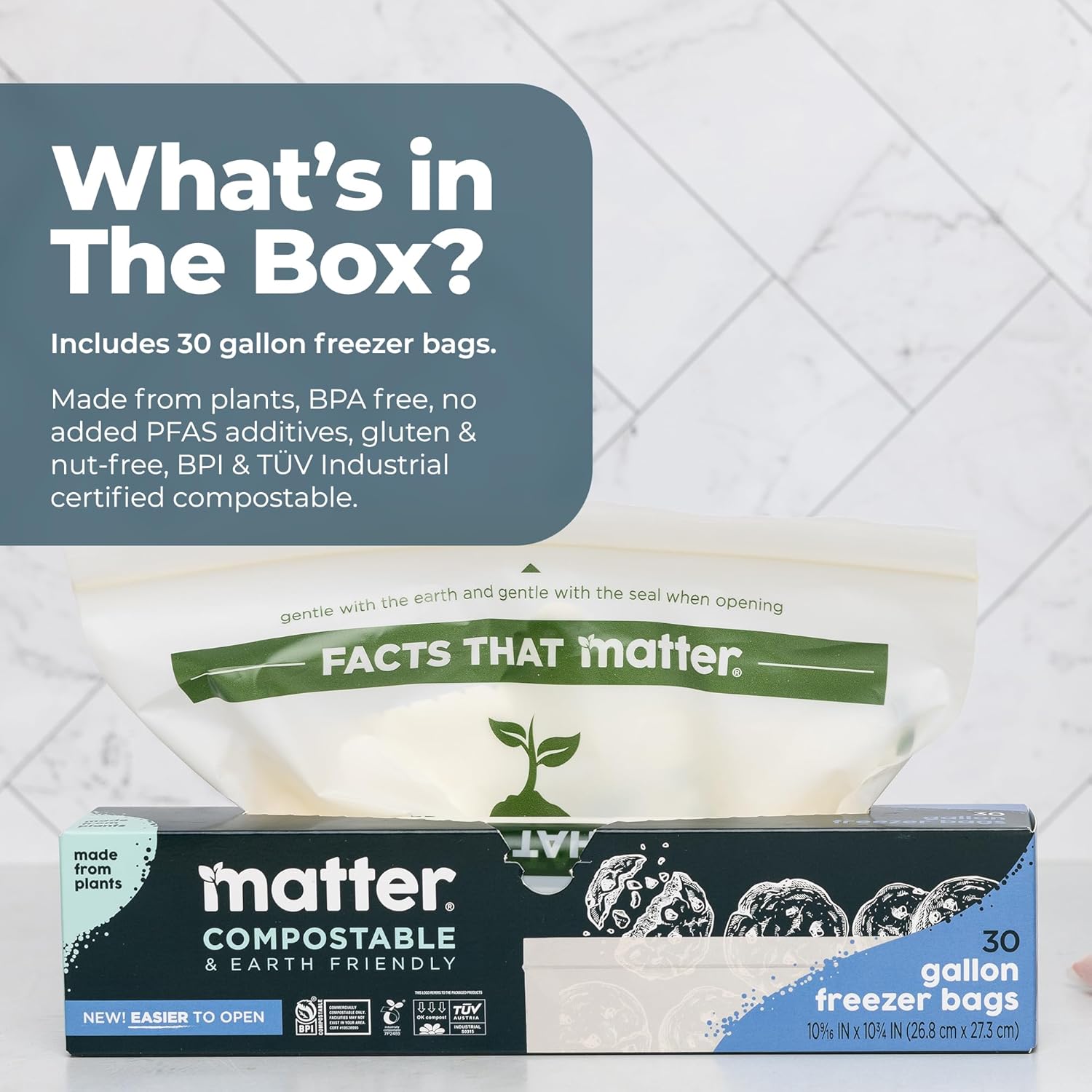 Matter Compostable Gallon Freezer Bags for Food Storage, Eco-Friendly, Resealable, Food Storage