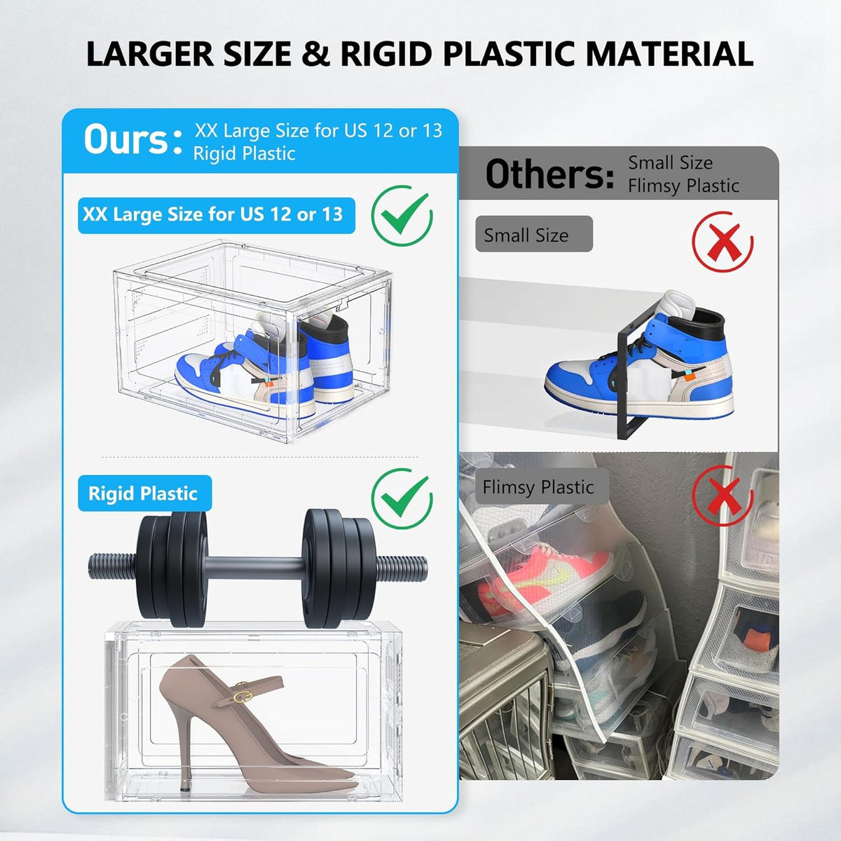 12 Pack Hard Sturdy Thickened Rigid XX Large Shoe Storage Organizer for Closet, Clear Stackable