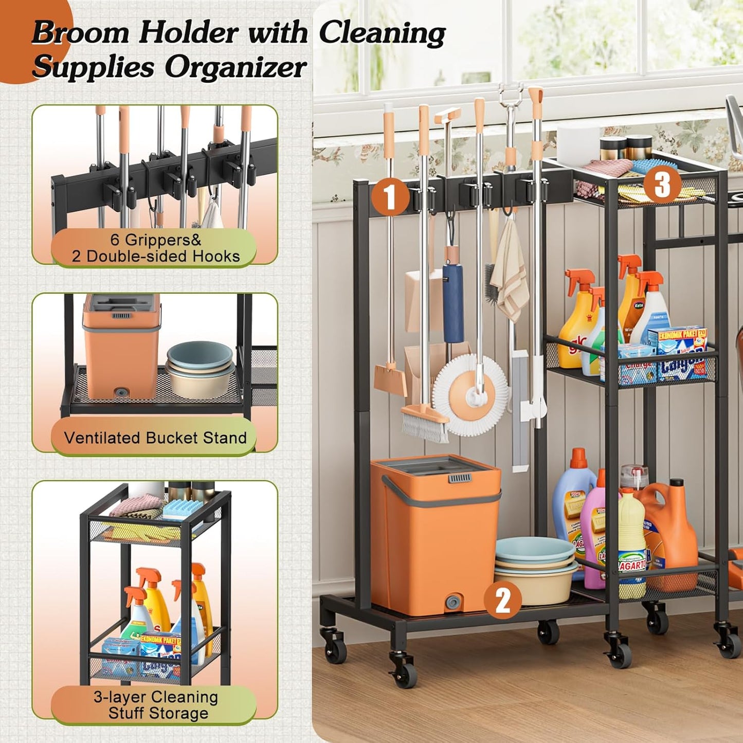 Broom Holder with Cleaning Supplies Organizer, Broom Closet Storage Cabinet with Cleaning Caddy