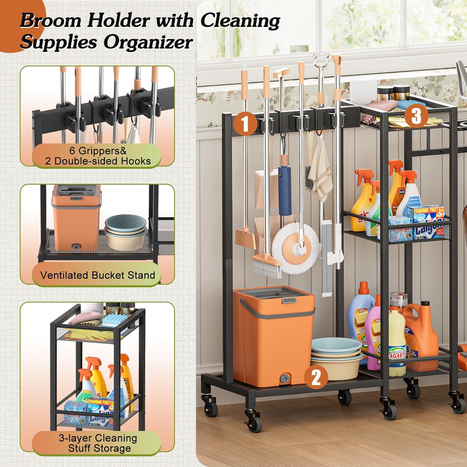 Broom Holder with Cleaning Supplies Organizer, Broom Closet Storage Cabinet with Cleaning Caddy