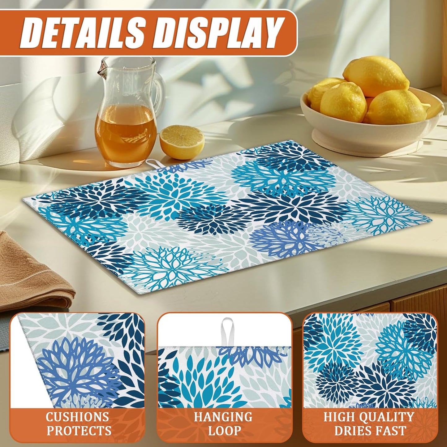 Blue Floral Dish Drying Mat for Kitchen Counter Microfiber Absorbent Dish Kitchen Drying Mat
