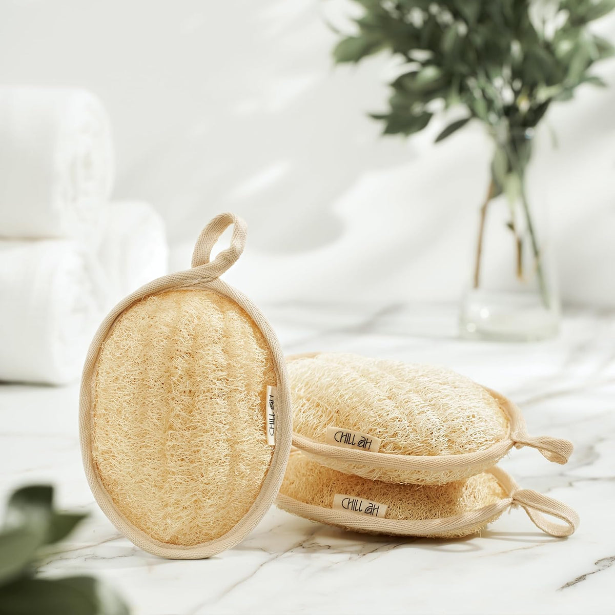 Chill Ah Green Glow All Natural Exfoliator Dual Sided Loofah Bath Sponge Set – 100% Plant-Based