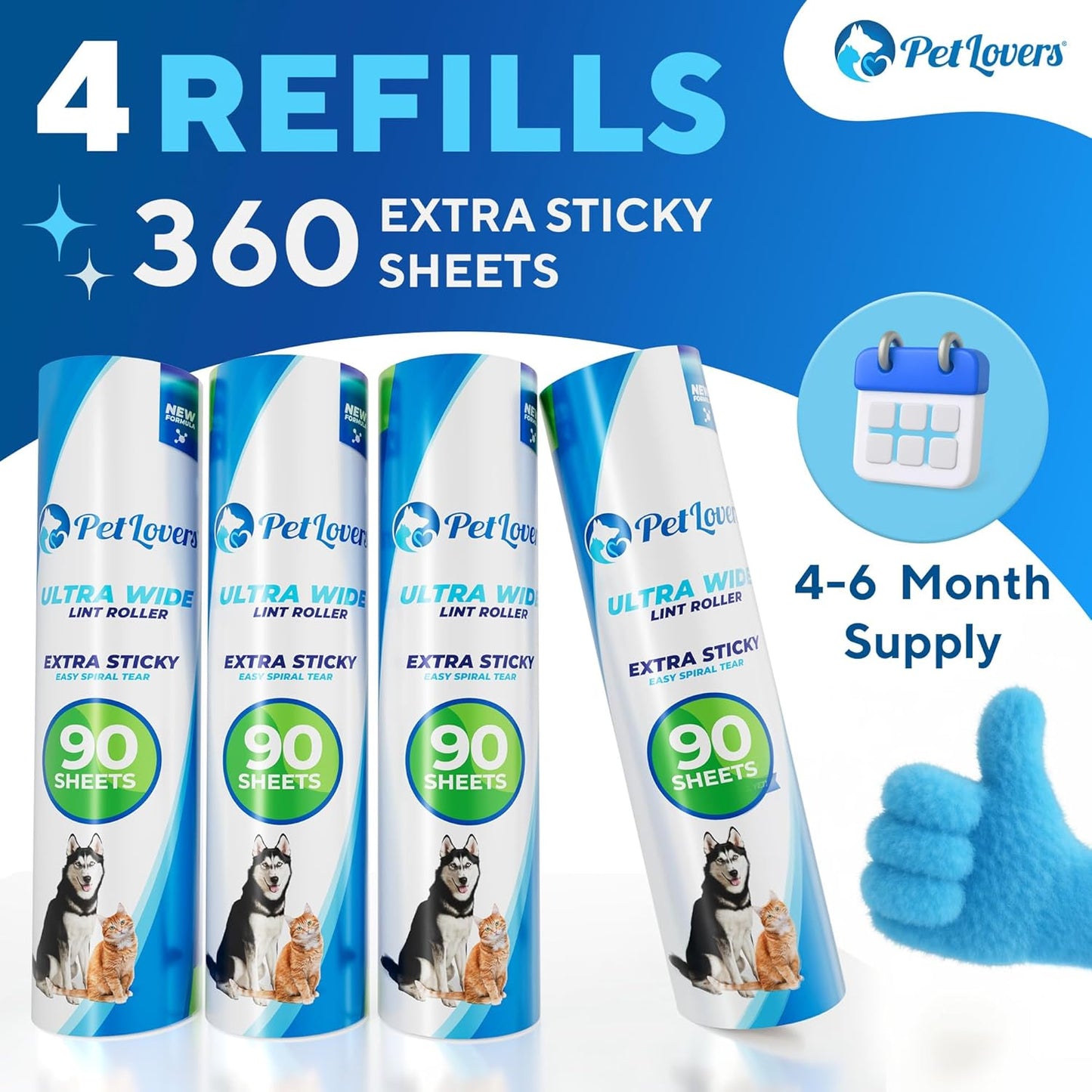 PetLovers Extra Sticky Floor Lint Roller 4 Pack of Refills Only - No Handles Included - 90 Sheets