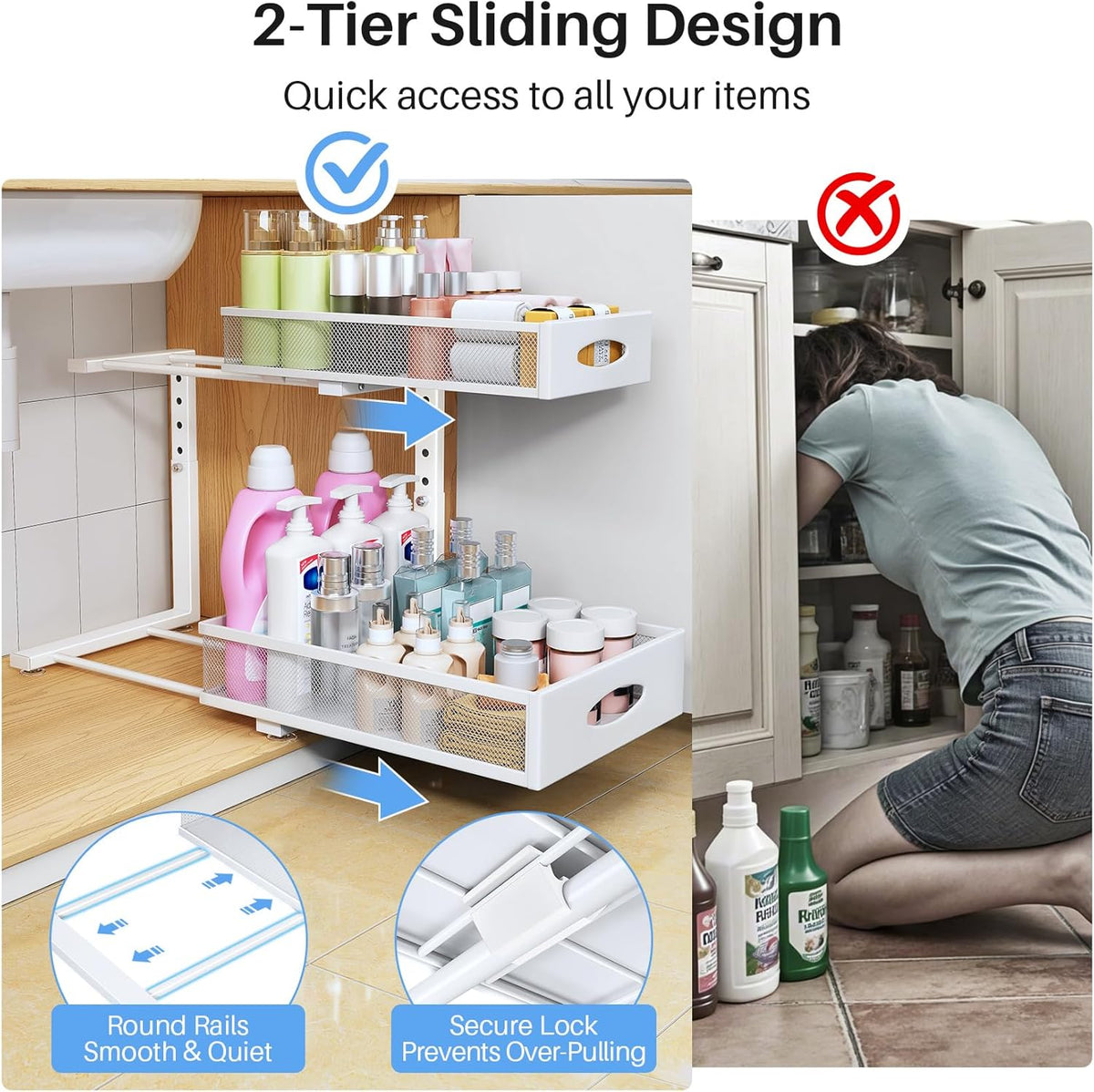 Under Sink Organizer, 2 Pack 2 Tier Pull Out Under Cabinet Organizer Shelf with Pad for Framed