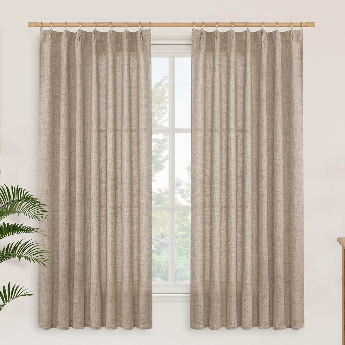 YoungsTex Oatmeal Linen Semi Sheer Curtains 63 Inch Length for Living Room, Light Filtering Window