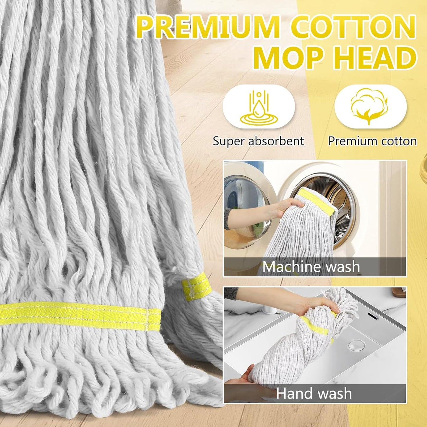 Beyoco Heavy Duty Commercial Industrial Cotton Mop with Long Handle,Looped-End String Wet Mops with