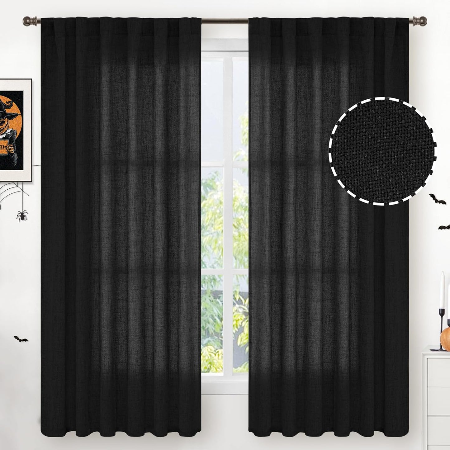YoungsTex Black Linen Curtains 63 inch Length 2 Panels for Living Room, Back Tab and Rod Pocket