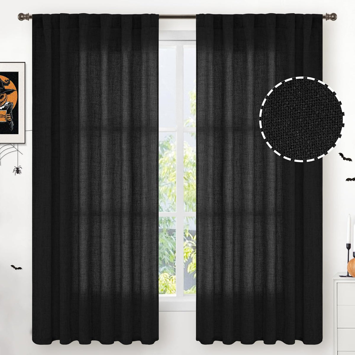 YoungsTex Black Linen Curtains 63 inch Length 2 Panels for Living Room, Back Tab and Rod Pocket